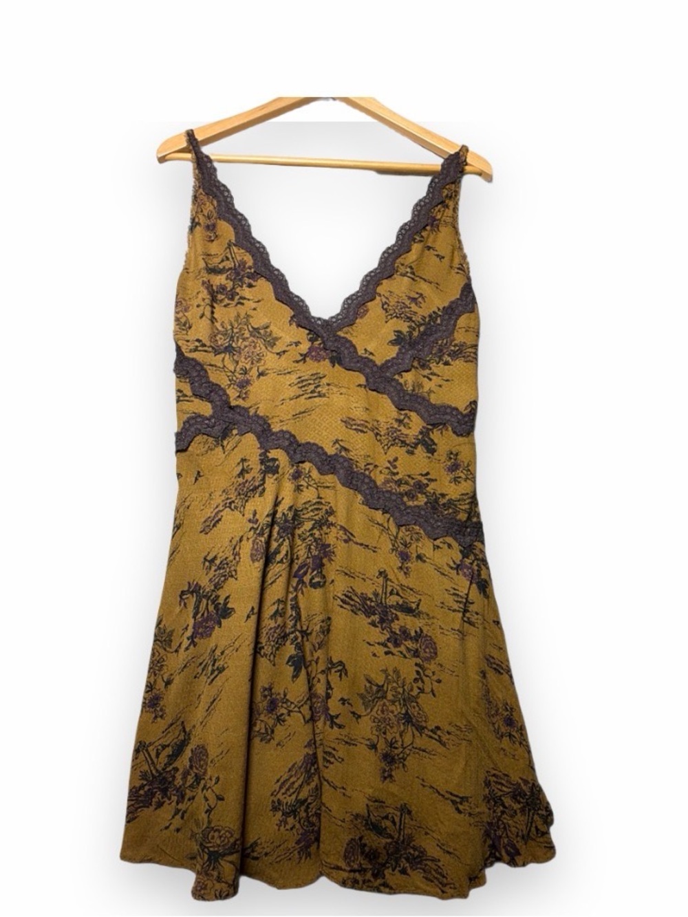 Free People Mustard Floral Lace-Trim Slip Dress